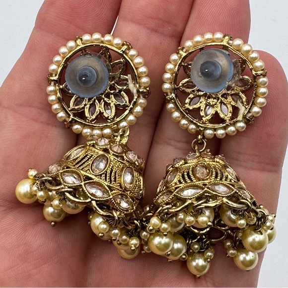 Vintage Gold Tone Jhumka Dangle Earrings 2.5” Faux Pearl Rhinestone Indian Style - Picture 5 of 8